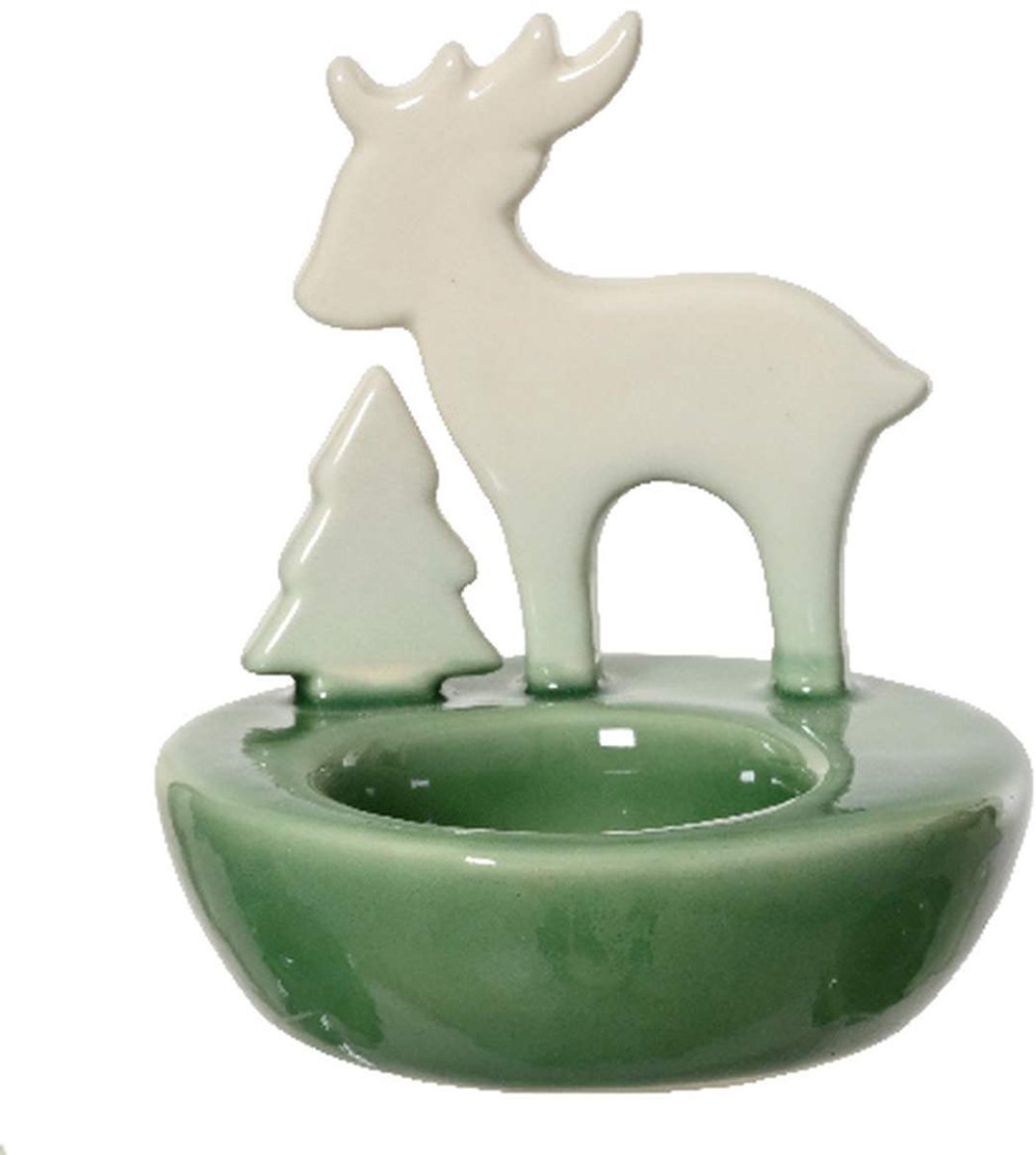 Kaemingk Theelichthouder Hert en Den Groen-Wit Ø 8,5x9 cm - Porselein