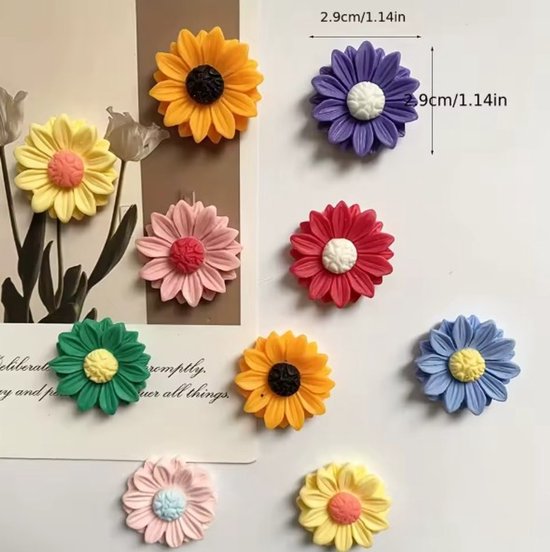 Een assortiment van 9 kleurrijke bloemvormige magneten in roze, groen, geel, paars, rood, lichtblauw en oranje.