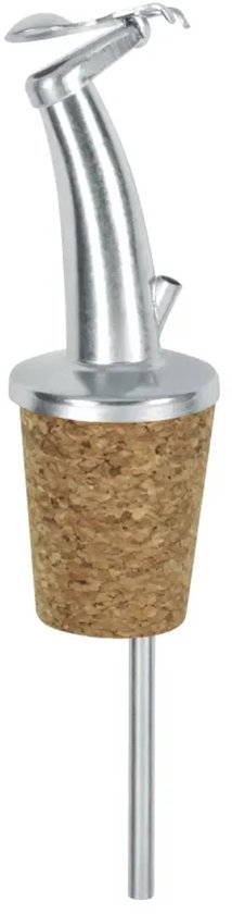 Zilverkleurige schenktuit met klep en conische kurkstop voor flessen van 0,7 tot 1 liter.