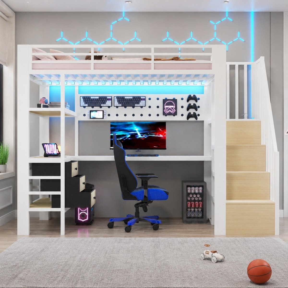 COVREO Hoogslaper met bureau en lade – 90x200 cm – Metaal en MDF – met trap, LED-verlichting en plank – Wit - zonder matras