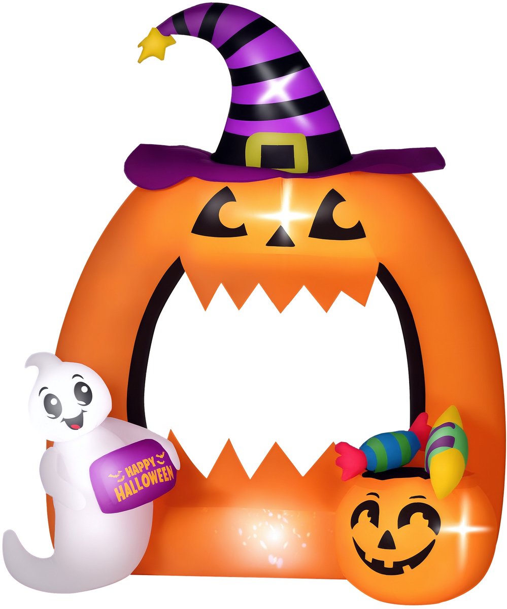 Ophlaasbare Halloween pompoenboog - Met schattig spook - Met LED-verlichting - 150 cm hoog - Ideaal voor binnen en buiten - Eenvoudig op te zetten