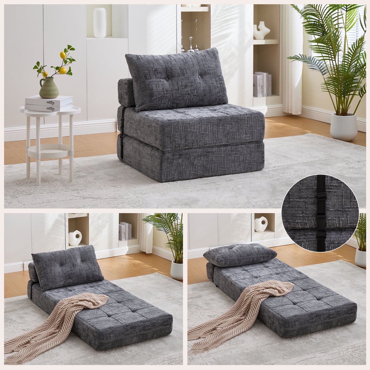 Opvouwbare slaapbank - met kussen - met rugleuning - draagbaar - comfortabel - grijze chenille stof