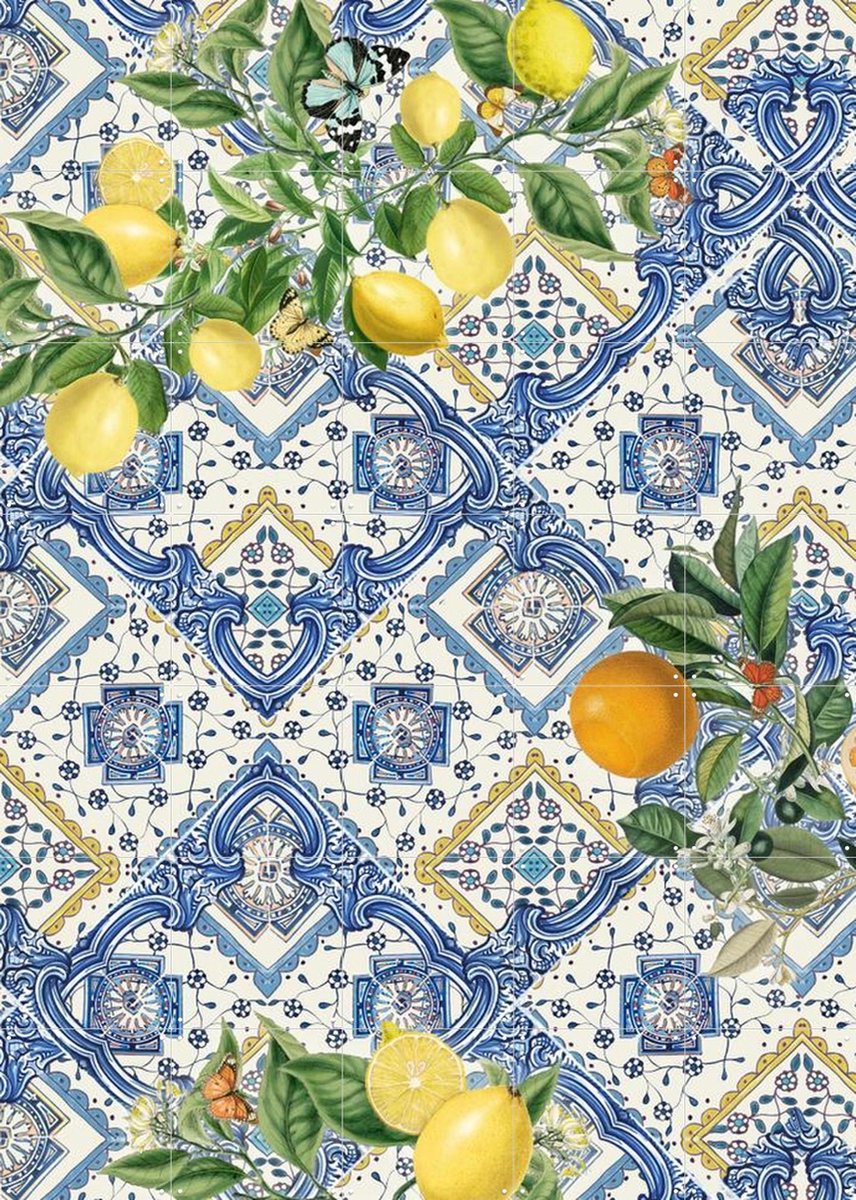 IXXI Mediterranean tiles lemons and oranges III, Bloomery Decor - 100 x 140 cm - Gratis ophangtool - Grote wanddecoratie en posters - Decoratieve
