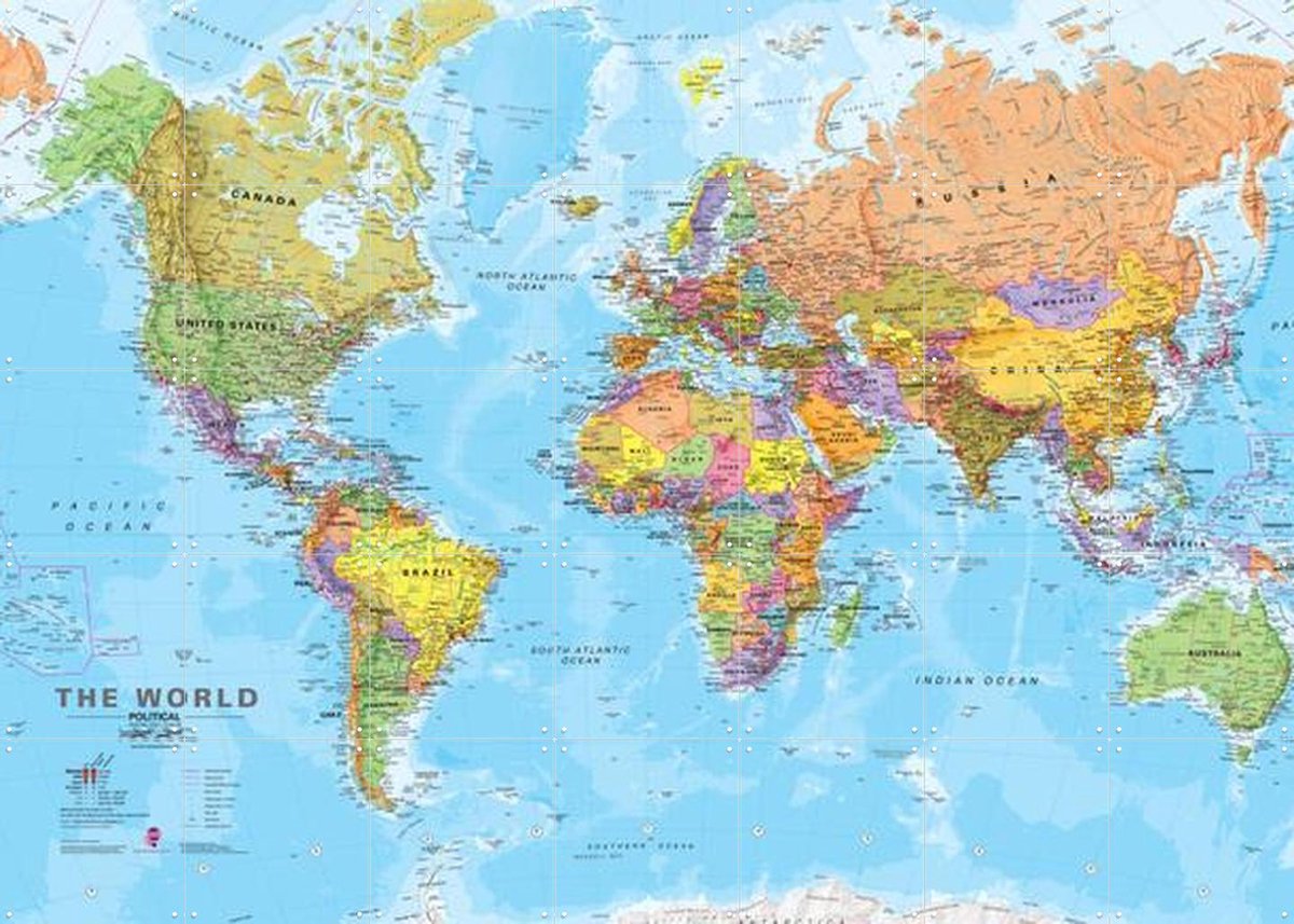 IXXI World Map, IXXI - 140 x 100 cm - Gratis ophangtool - Grote wanddecoratie en posters - Kleurrijk, Grafisch Ontwerp, Illustraties, Kinderkamer