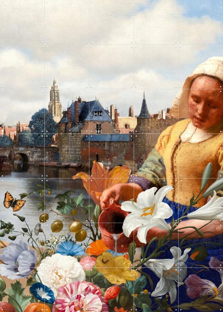 IXXI Het Melkmeisje - View of Delft Garden Edition, Marja van den Hurk - 100 x 140 cm - Grote wanddecoratie en posters - Schilderijen, Olieverf Geel