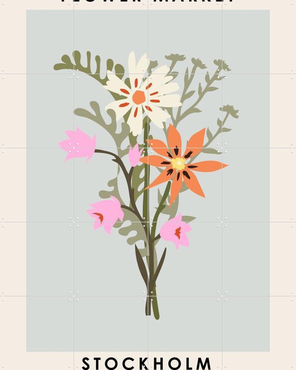 IXXI Flower Market Stockholm, NKTN & Various - 80 x 100 cm - Gratis ophangtool - Grote wanddecoratie en posters - Houtsnede, Vintage, Speels