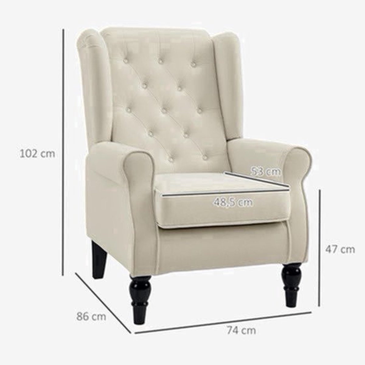 Fauteuil – Relaxstoel – Accentstoel – Loungestoel – Zithoekstoel – Crème – Polyester Bekleding – Houten Poten – 74x86x102 cm – Draagvermogen 160 kg