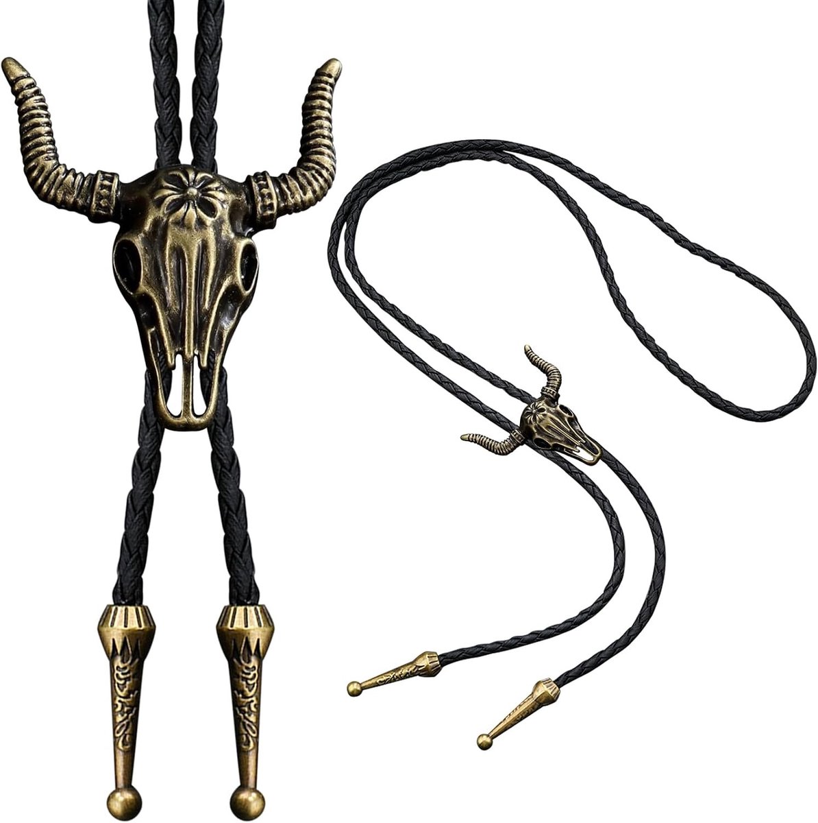 Stijlvolle Bolo Tie van Leer met Rodeo Hanger, Perfect voor Cowboy Kostuum en Carnaval, Antiek Koper Design
