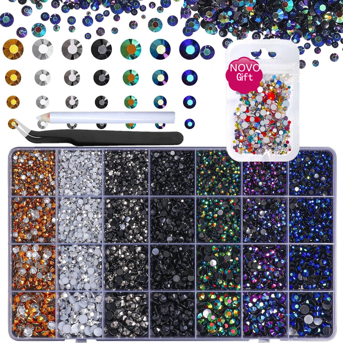 Currero Bedazzle Kit - Bedazzling - Plakstenen - Strass Steentjes - DIY Versieren - Set Met 18.000 Steentjes - Nagel Decoratie - AB Glitter - 3/4/5/6mm - Zwart