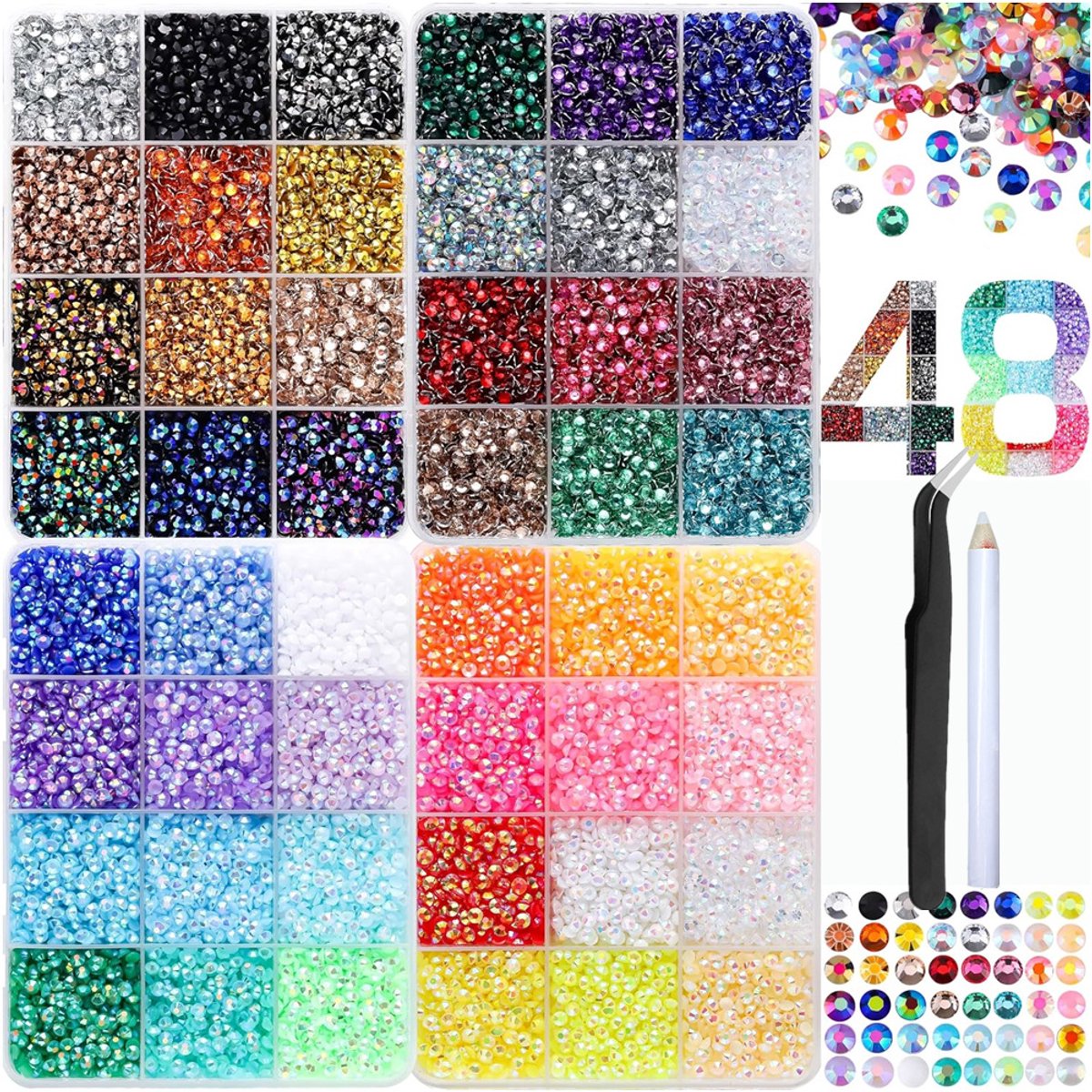 Currero Bedazzle Kit - Bedazzling - Plakstenen - Strass Steentjes - DIY Versieren - Set Met 18.000 Steentjes - 48 Kleuren - Nagel Decoratie - 3mm