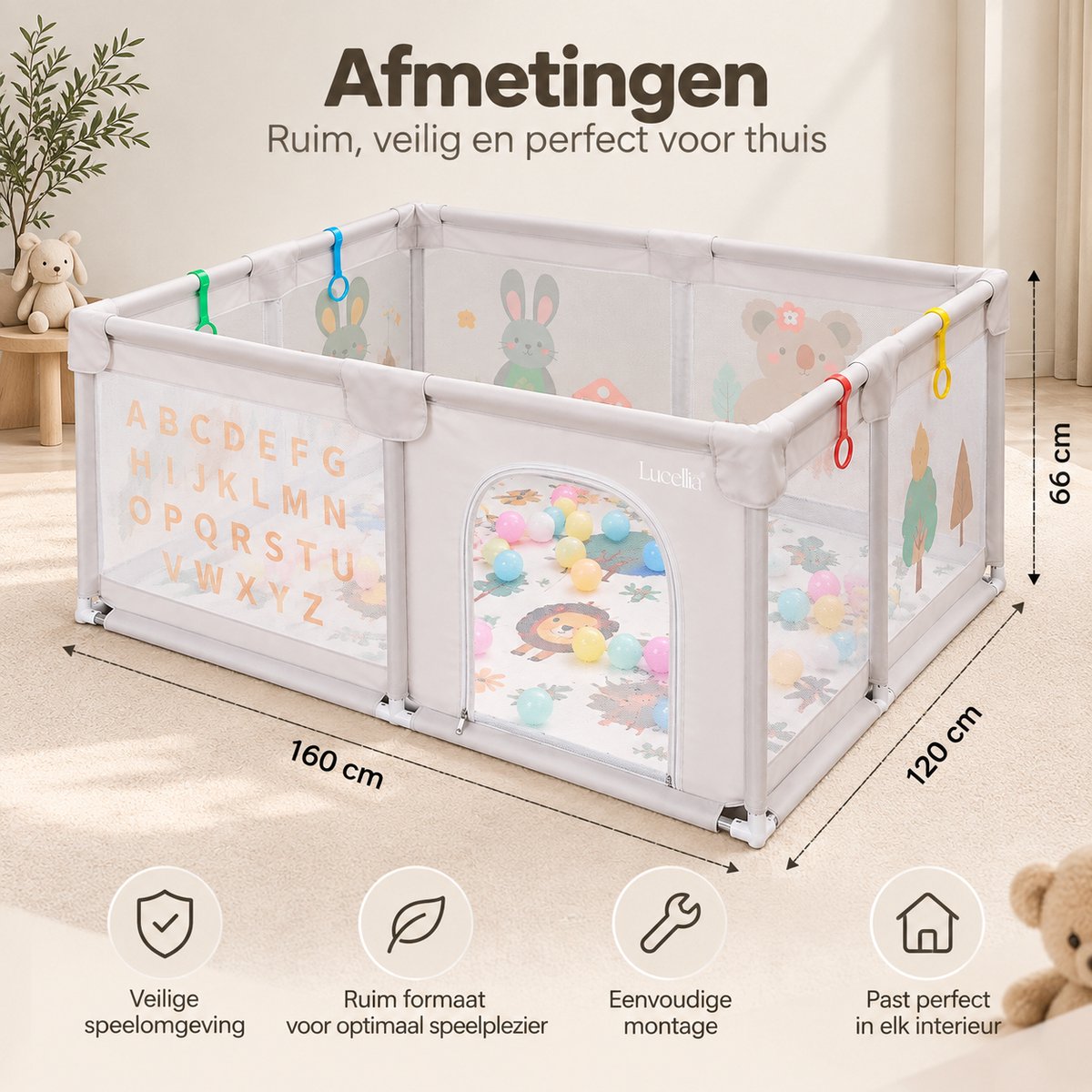 Lucellia® Grondbox Baby 120x160 cm met Dierenprint – Speelbox met Speelmat & 30 Speelballen – Kinderbox, Playpen & Baby Box – Draagtas – Beige – foto 5