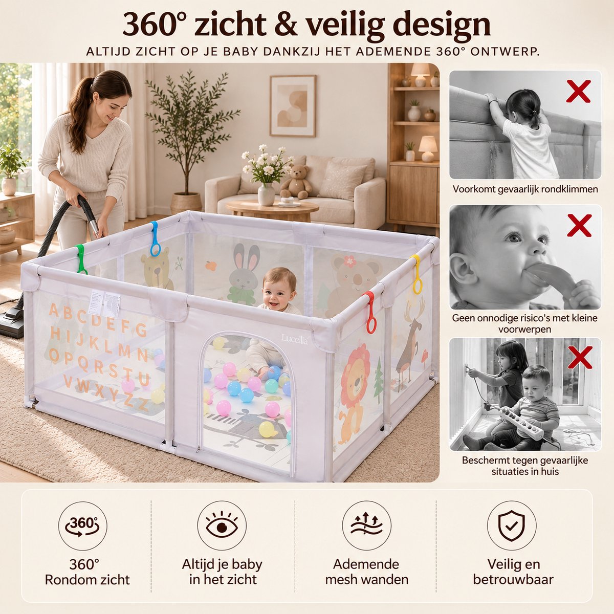 Lucellia® Grondbox Baby 120x160 cm met Dierenprint – Speelbox met Speelmat & 30 Speelballen – Kinderbox, Playpen & Baby Box – Draagtas – Beige – foto 3