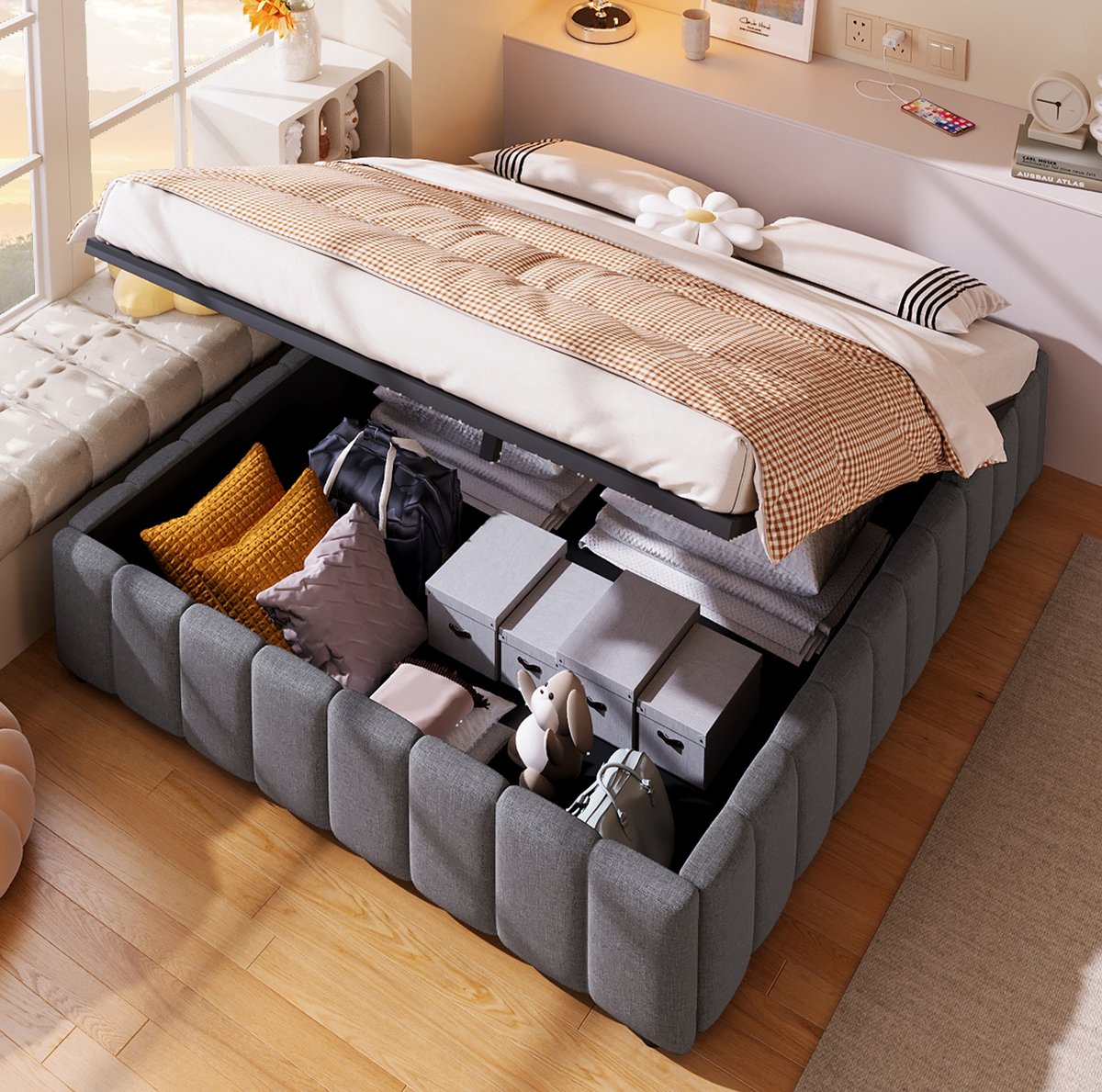 COVREO Bed met opbergruimte – 140x200 cm – Tweepersoons bedframe zonder hoofdbord – Laag slaapmeubel – Grijs - zonder matras