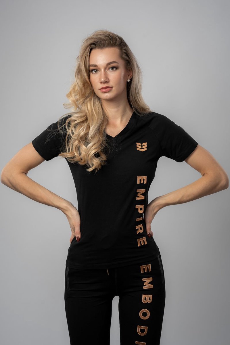 Empire Embodied Venus Classic T-shirt Dames - V-hals met Goudkleurig Borduursel - 95% Biologisch Katoen - Zwart - Maat XL