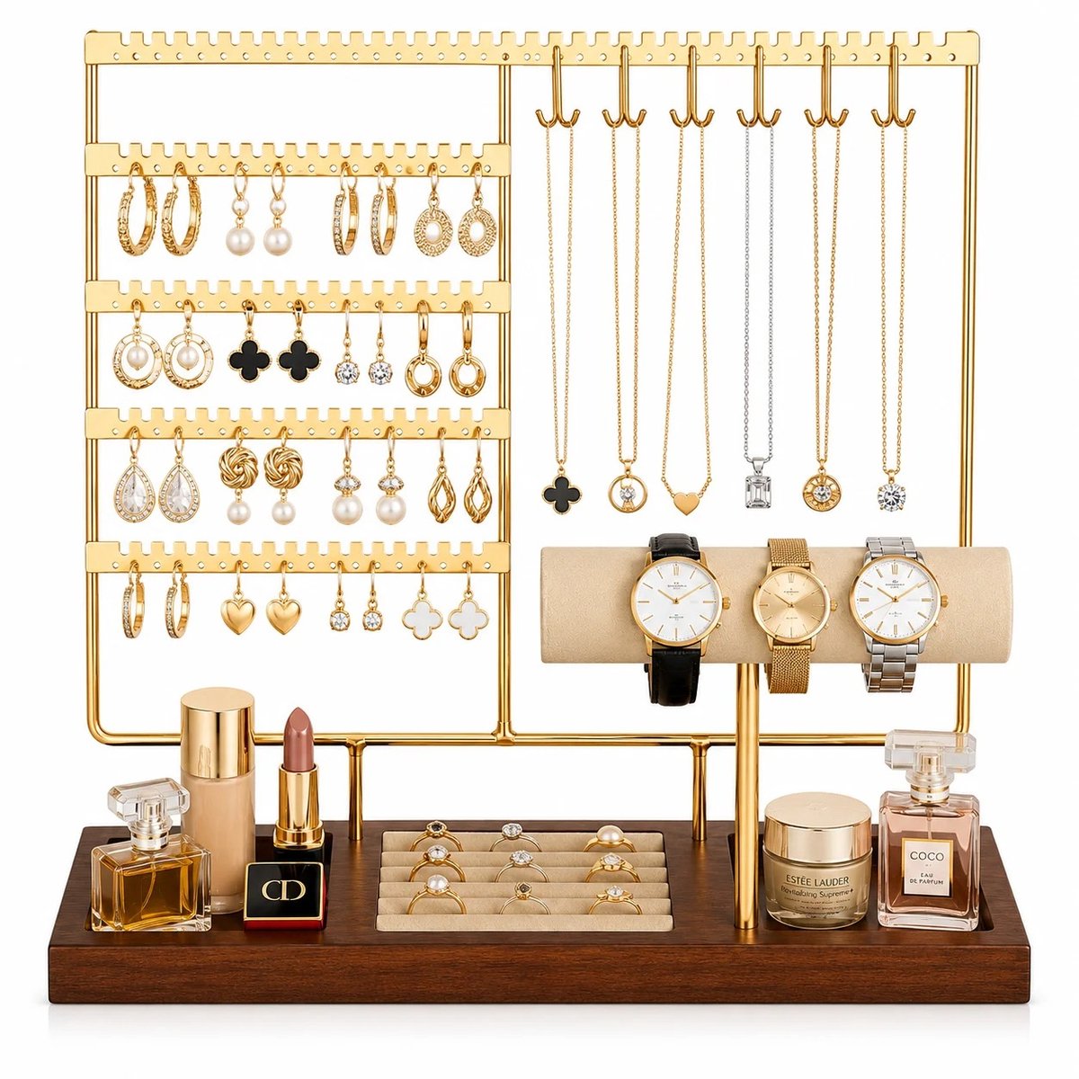 Cherrys Finds - Sieradenhouder Stand - Sieraden standaard - Fluwelen Sieradenbakje - 5 planken - Ketting Bangle Organizer, Houten Basis Ontwerp, Multifunctionele Opslag - Horloge Standaard - 30x9.5x34.5 cm - Goud - Hout