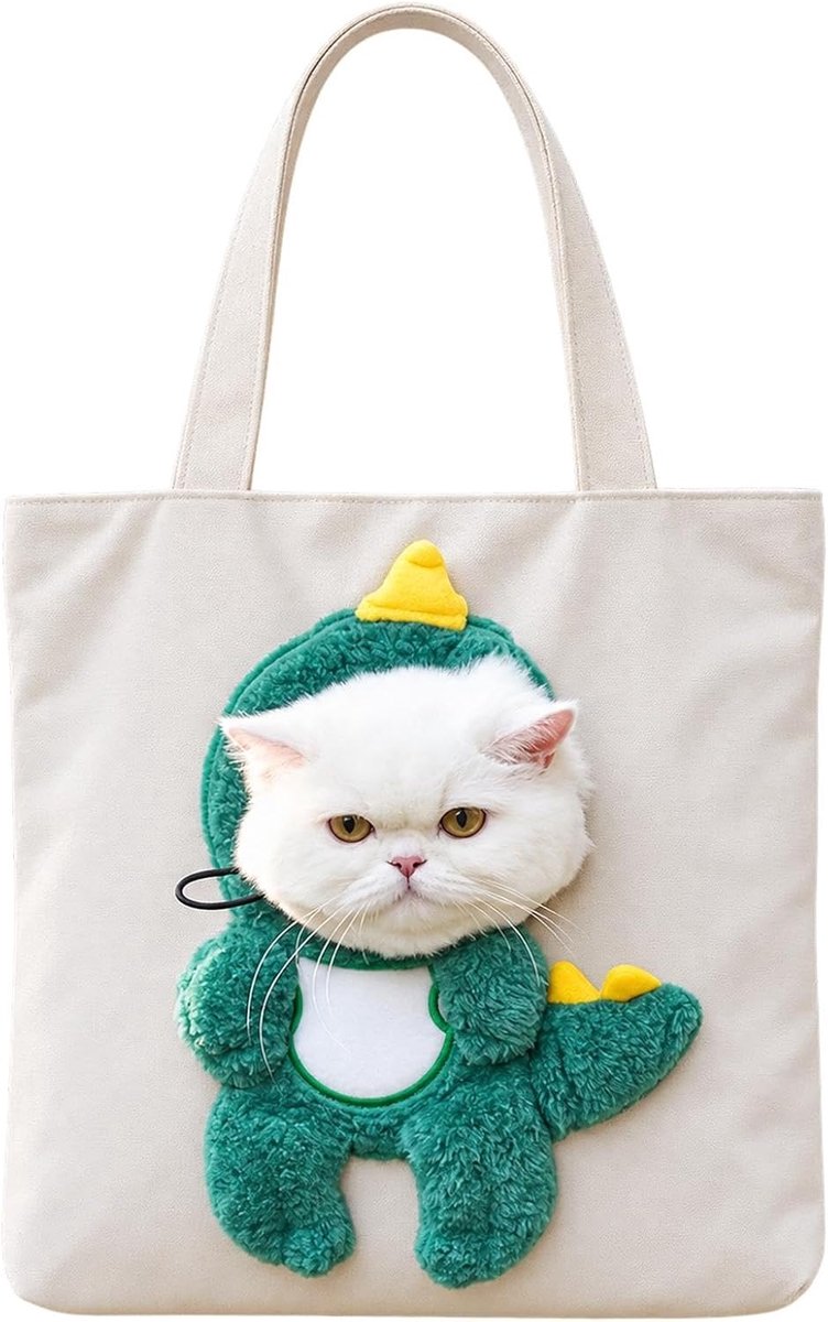 KZQ Katten draagtas met hoofdopening - Ademend canvas schoudertas - Dinosaurusvorm - Geschikt voor katten en kleine honden - Wit