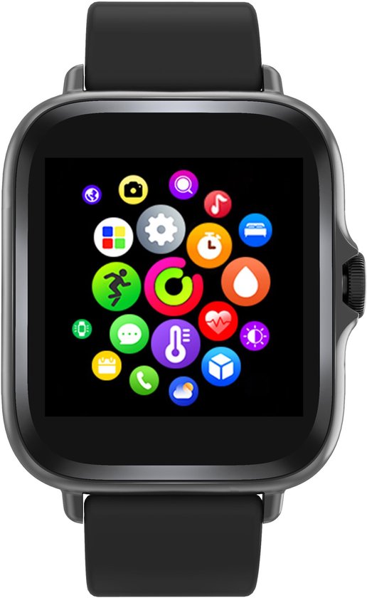Zwarte smartwatch met kleurrijk app-icoon menu op het scherm.