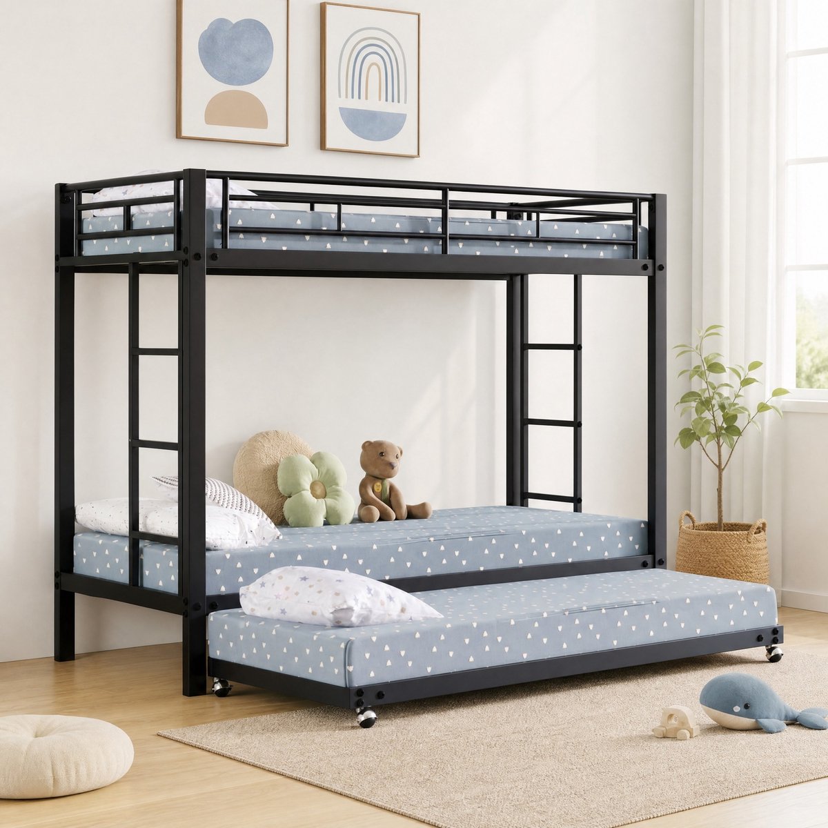 COVREO Stapelbed 90x200cm zwart - uitklapbaar rollbed + hoge veiligheidgelander + EN747 gecertificeerd - metaal frame