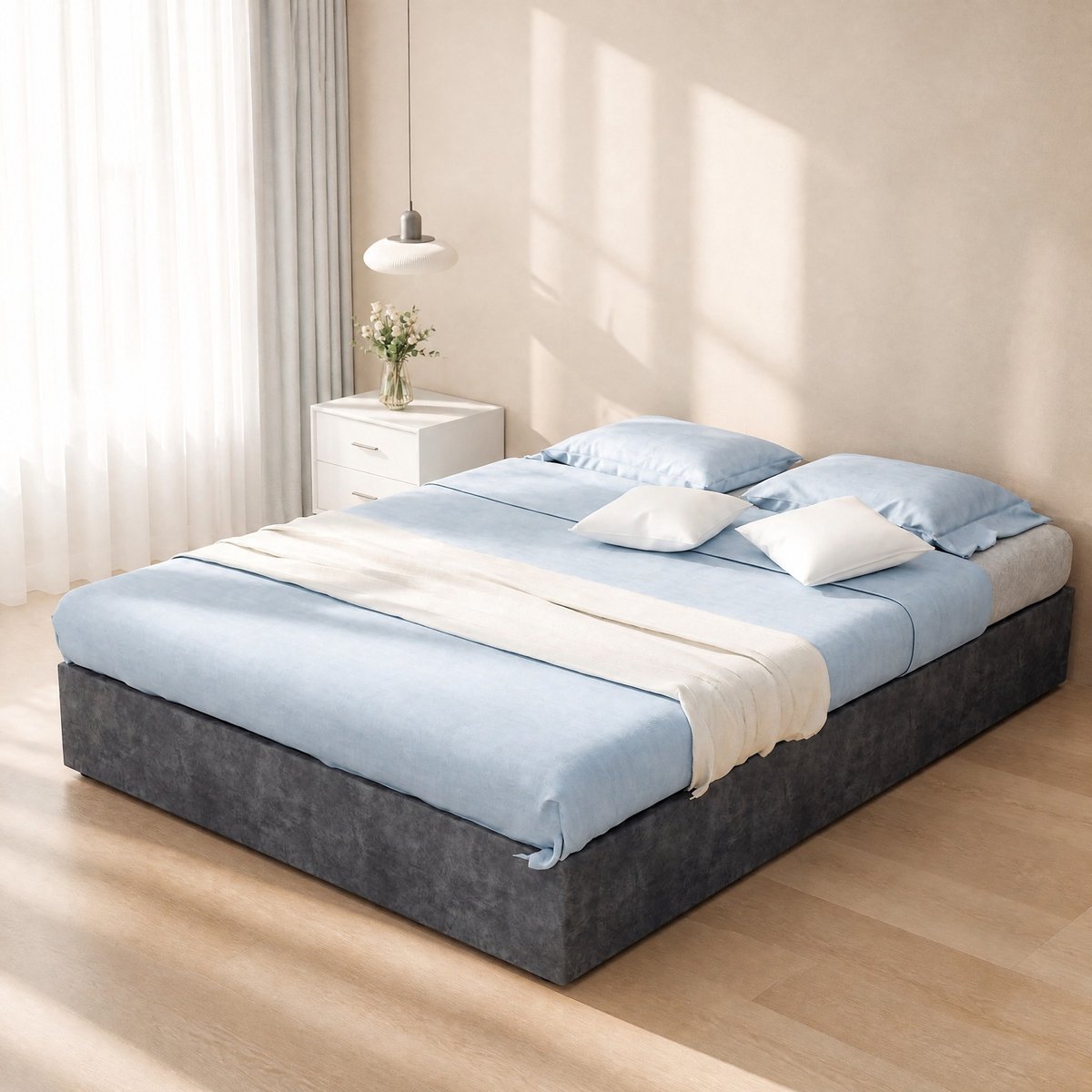 COVREO Opbergbed met gaslift – Bedombouw voor bergruimte – Voor slaapkamergebruik – 140x200 cm – Grijs - zonder matras
