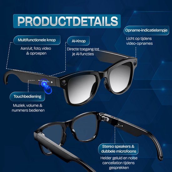 Asawa Smart Bril met Camera Premium - AI Smart Glasses - Slimme Bril met 13MP Camera - Ai bril - 3 Sets glazen - Inc. luxe Oplaadhoes - Spycam - Spy Camera WiFi met NL App — afbeelding 3