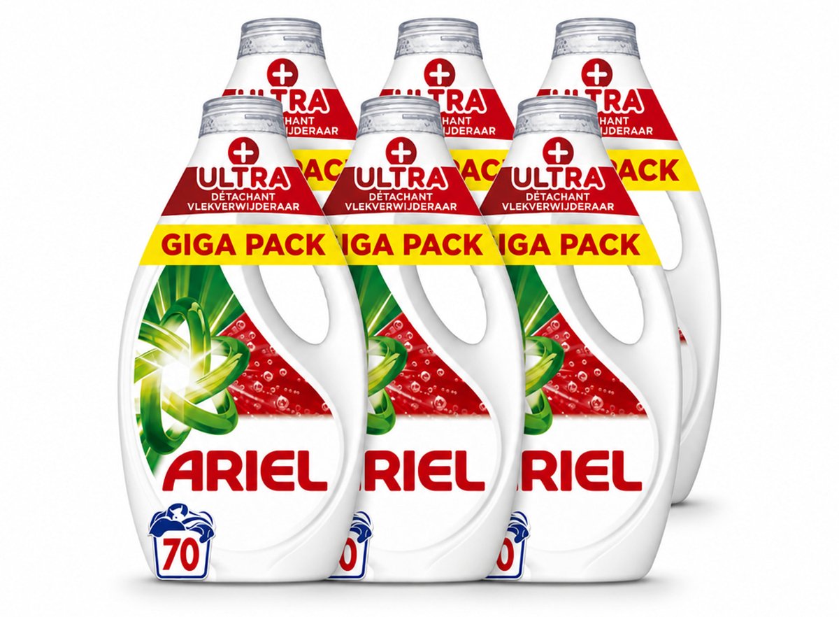 6 x Ariel - Vloeibaar Wasmiddel - +Ultra Vlekverwijderaar - 70 Wasbeurten - 3150 ml - Voordeelverpakking - 6 stuks