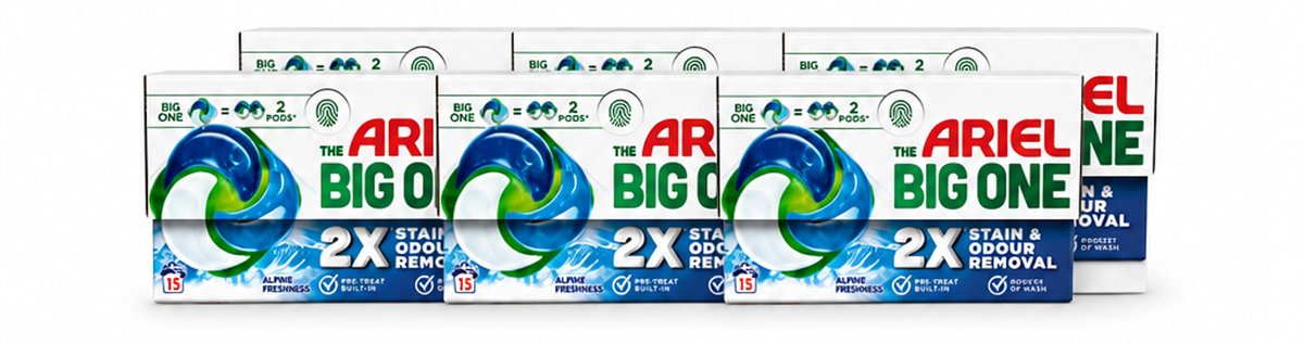 6 x Ariel - 3in1 Wasmiddel Pods - The Big One - Alpine - 15 Pods - Voordeelverpakking - 6 stuks