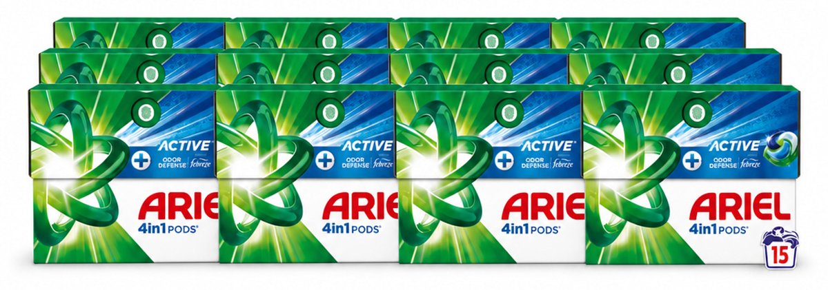 12 x Ariel - 4in1 Wasmiddel Pods - Actieve Geurbestrijding - 15 Pods - Voordeelverpakking - 12 stuks