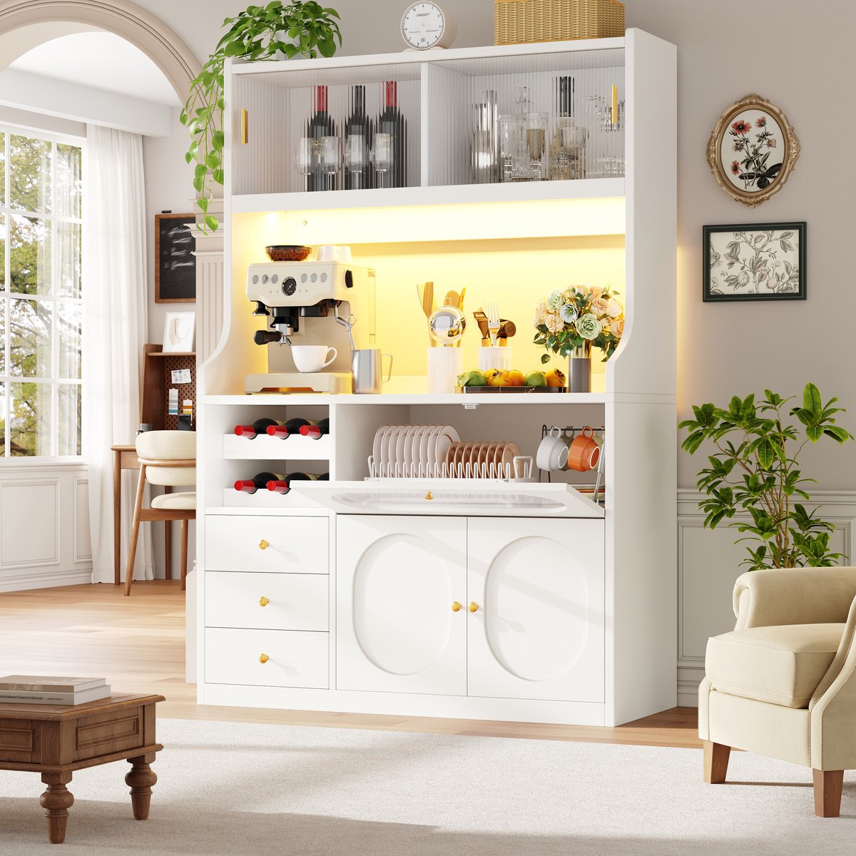 HAUSS SPOLE Keukenkast Witte Hoge Opbergkast Met Glazen Schuifdeuren En 3 Lades Voor Keuken En Eetkamer MDF 120x40x180 Cm