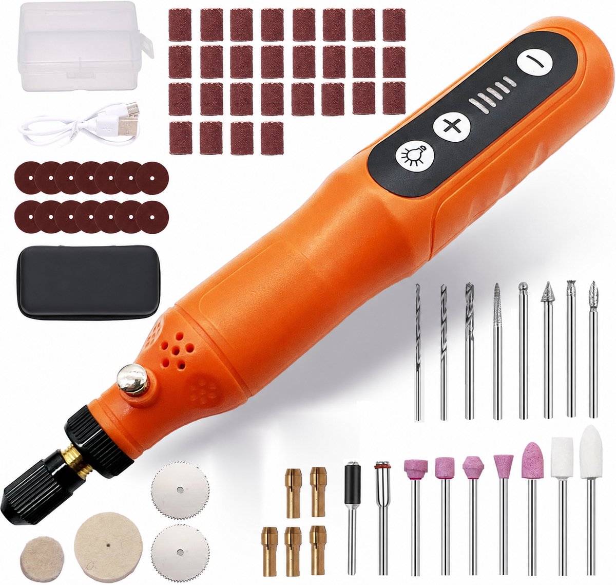 Multifunctioneel Gereedschap – Rotatiegereedschap en Draadloos Draaigereedschap – Rotatiegereedschapsset met 70 Accessoires en 5 Snelheden 3000–15000 RPM – Mini Schuurmachine en Graveerpen – USB-C Gereedschapsset met LED – Oranje