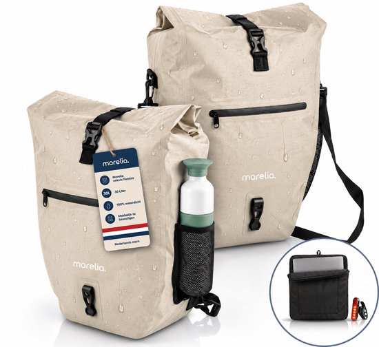 Sacoche de vélo beige imperméable Morelia, 30 litres, avec fermeture enroulable et poches zippées. Housse pour ordinateur portable et feu arrière inclus.