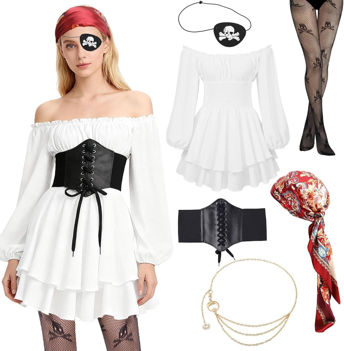 Piratenkostuum voor Dames - Middeleeuwse Jurk met Corset, Visnet Kousen en Accessoires voor Halloween Feestjes