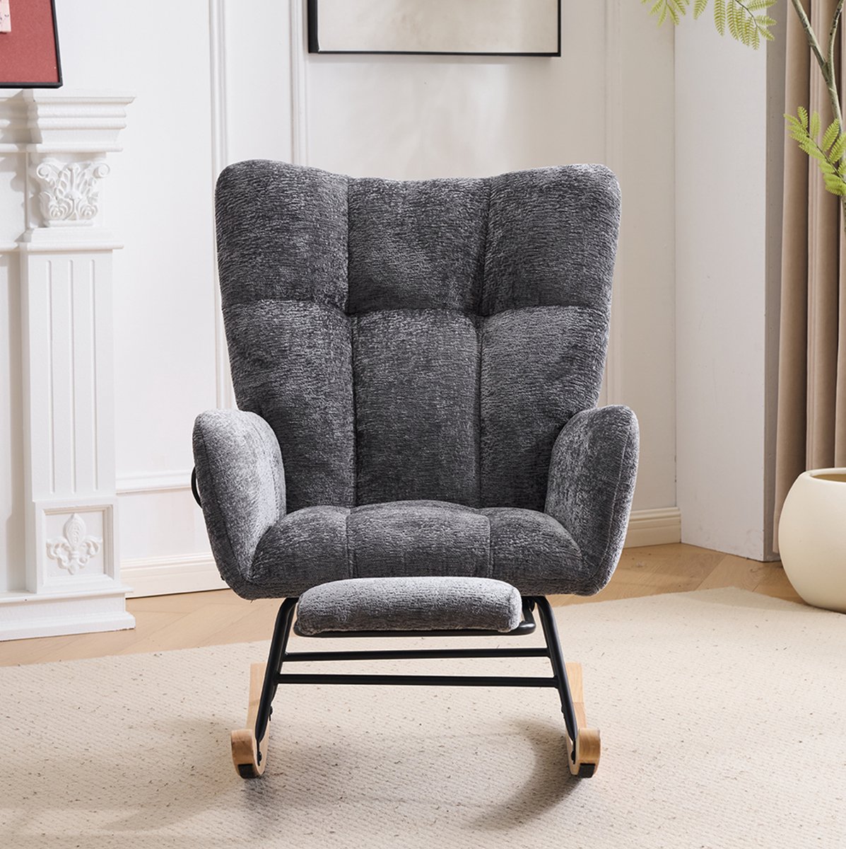 Schommelstoel met Airbag, Comfortabele Nursery Schommelstoel, Cozy Gestoffeerde Glider Rocking Chair met Hoge Rugleuning voor Woonkamer Slaapkamer Kantoren (Chenille, Donkergrijs)