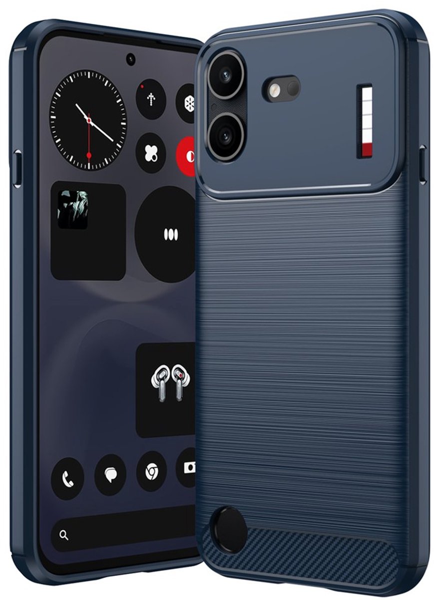 MobyDefend Hoesje - Geschikt voor Nothing Phone (4b) - TPU Backcover - Geborstelde Metaal & Carbon-Look - Blauw