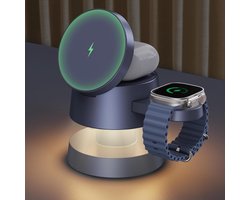 3-in-1 MagSafe Laadstation, 15W Magnetische Snellader met Nachtlamp, Draadloos Laadstation voor iPhone, Apple Watch en AirPods, Geschikt voor iPhone 17e/17/16/15/14/13 Pro Max, Zonder Voedingsadapter