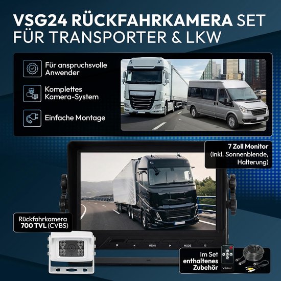 VSG 24 24112 – 7" Transporter Rear View Video System, Camera Set incl. 20 m Cable, Night Vision, 120° Angle, 12-24 V - ShopVlot — afbeelding 5