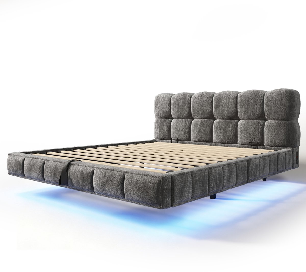 OKWISH Polsterbed Bubble Wolkenbett 140x200 cm - Grijs Chenille, hydraulisch stauraambed, LED, USB & USB-C laden