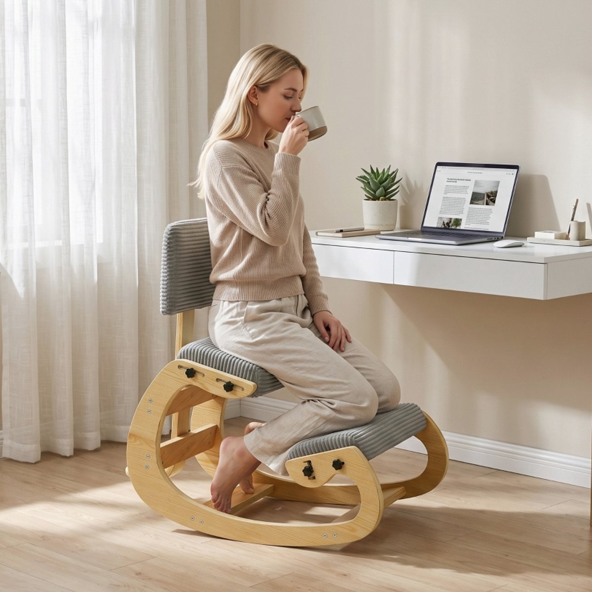 Bureaustoel Ergonomische Kniestoel Met Rugleuning En Schommelbasis Van Ribstof Donkergrijs Voor Thuis, Kantoor En Meditatie