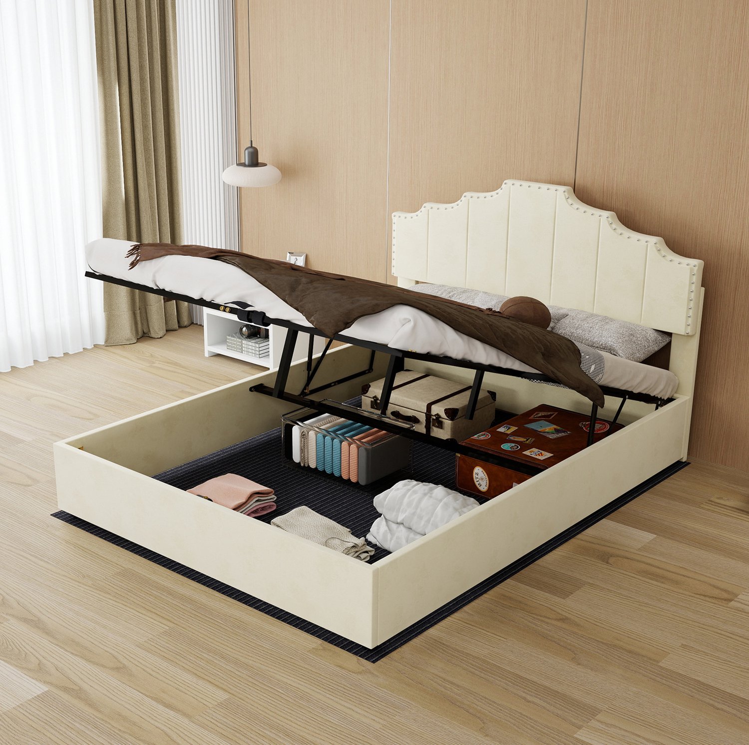 WUVRIE Opbergbed 140x200 cm - Gestoffeerd hoofdbord met gasveer - Beige