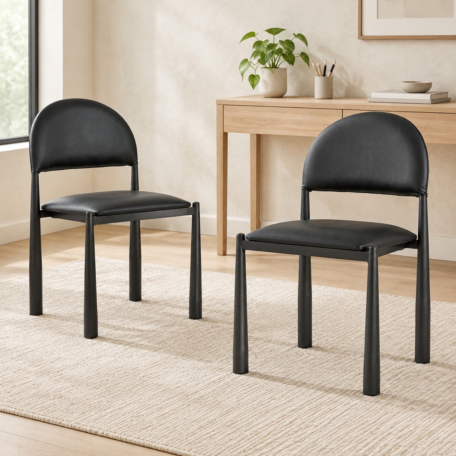 MODFU Eetkamerstoelen Set Van 2 - Gestoffeerde Halfronde Rugleuning - Metaal - Zwart