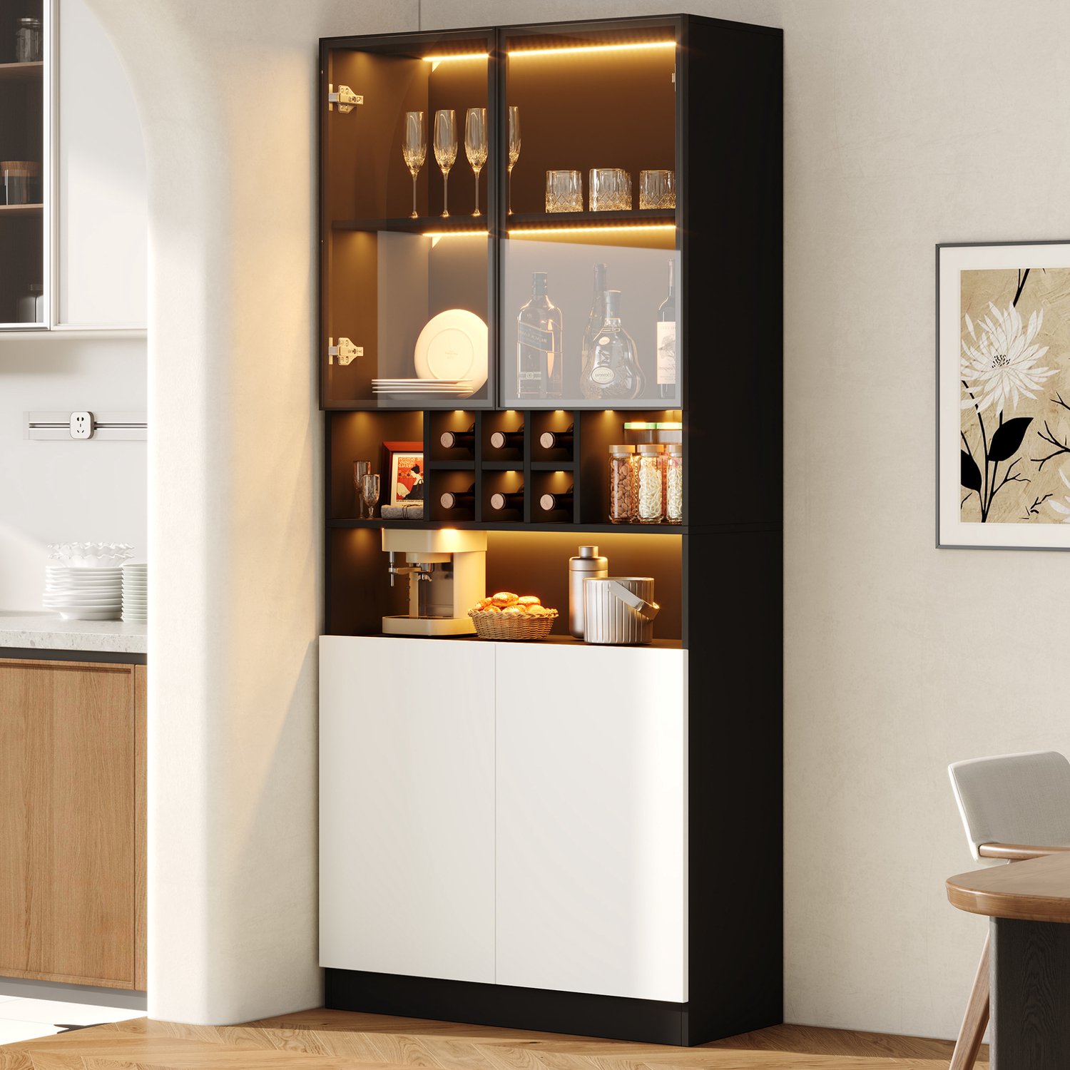 MODFU Vitrinekast Met LED-Verlichting - Gehard Glas - Zwart/Wit - 80 X 30 X 180 Cm