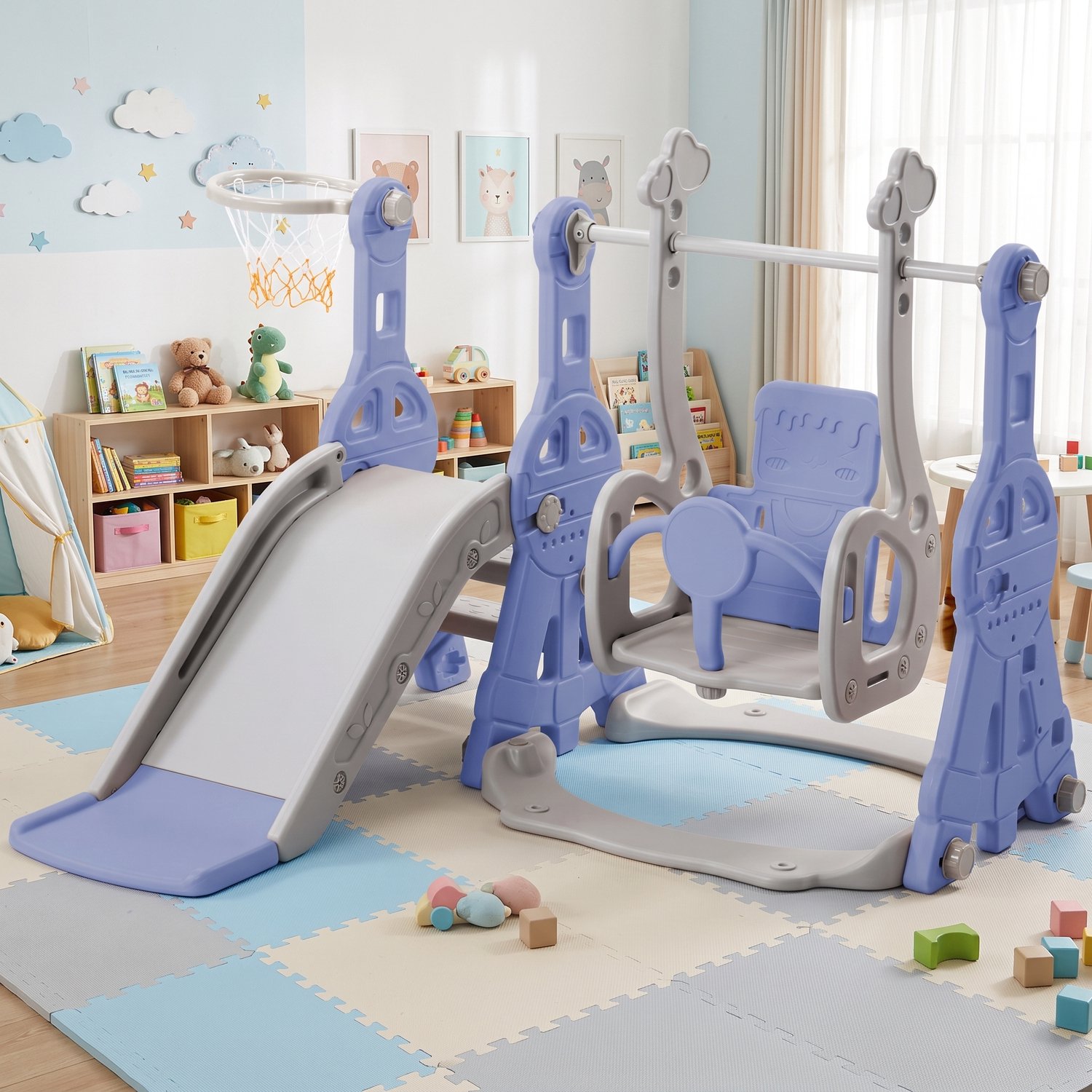4-in-1 kinderspeelplaats - Binnen Buiten - Schommel - Basketbalring - Glijbaan peuter - Klimladder - Blauw