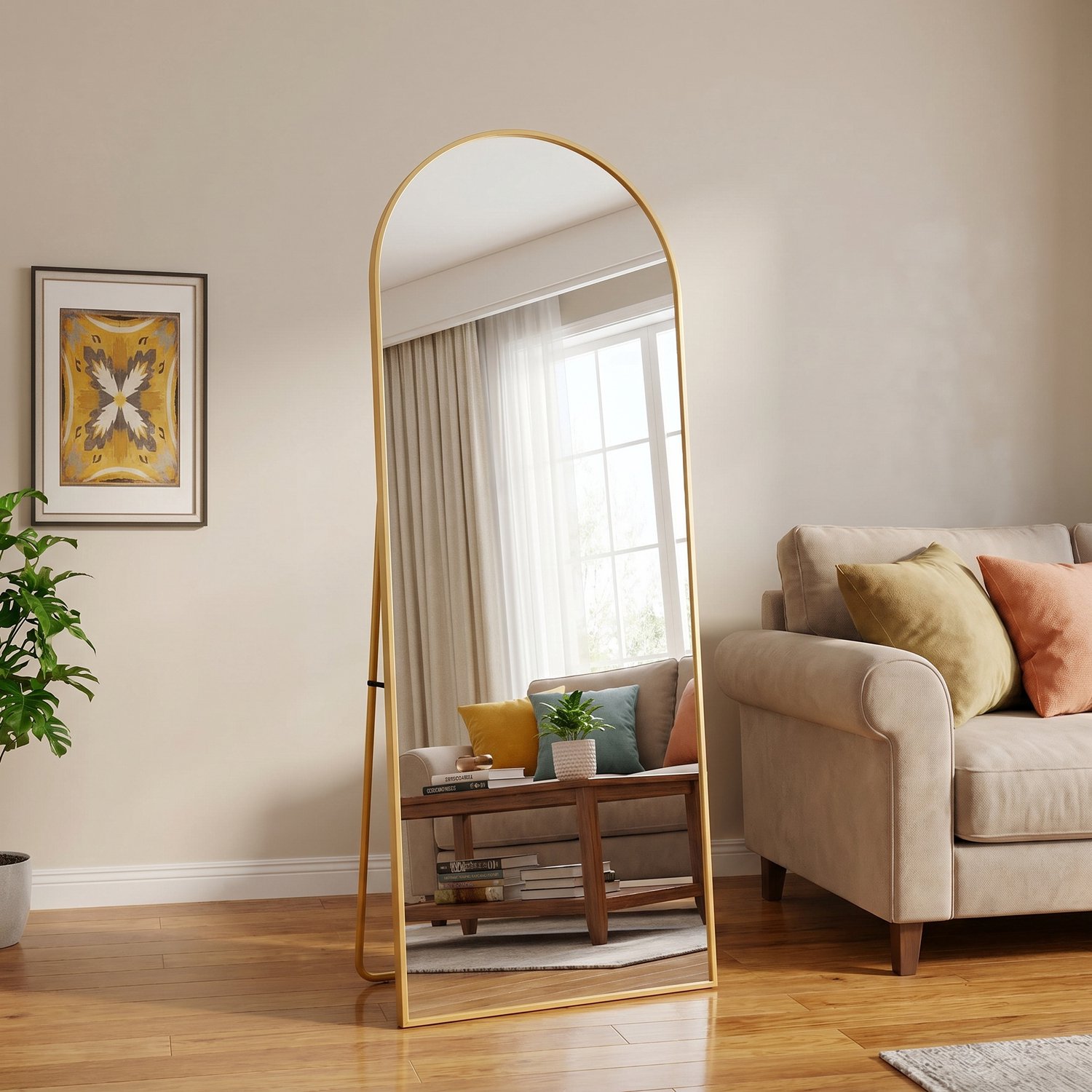 ROSAHQNDA Staande gebogen spiegel 162x53cm, Goud aluminium frame met verstelbare standaard, hangend of staand, geschikt voor slaapkamer, woonkamer en garderobe