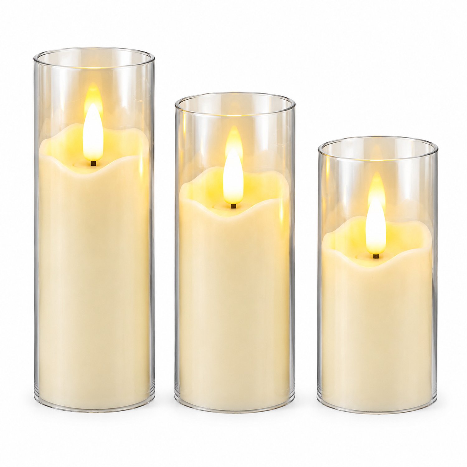 led kaarsen 5 x 12,5 cm met glazen omhulsel, golvende kaarsrand en puntvormige LED-vlam, 12 per displaydoos