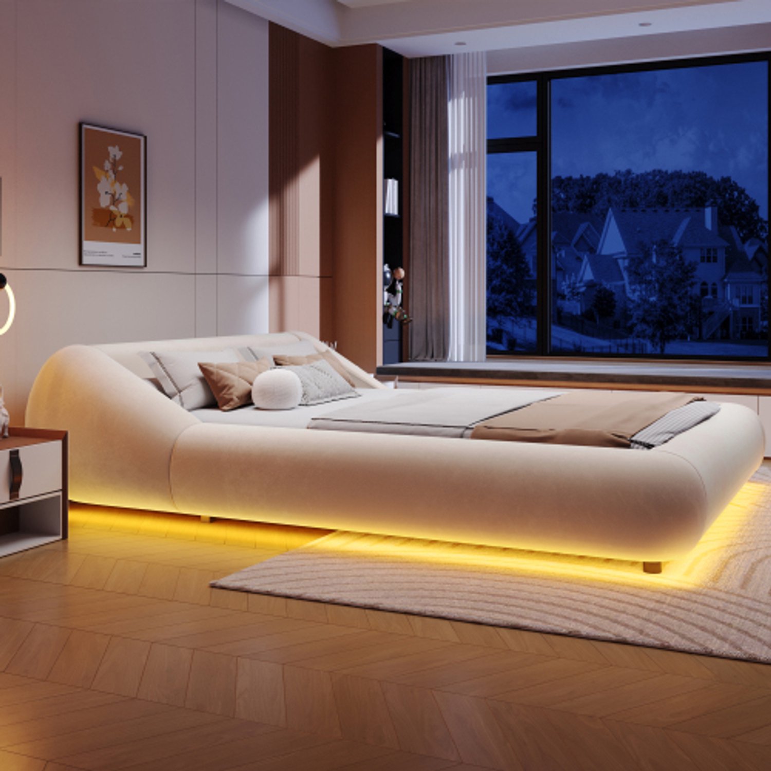 OOIILLEE Tweepersoonsbed 140 x 200 cm, doorlopend hoofdbord en gebogen bedvorm, zwevend bedframe met LED-verlichting, tweepersoonsbed, fluweel, beige (zonder matras)