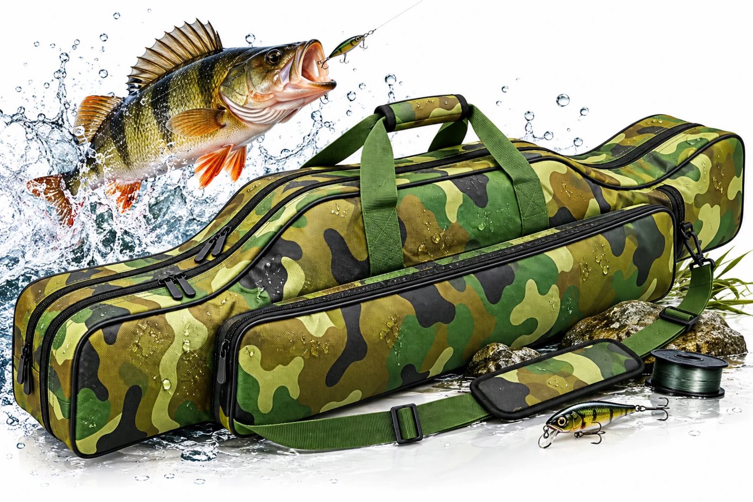Noventra Hengeltas 100 cm – Camouflage Hengeltas met 2 Compartimenten, Zijvak, Gevoerde Hengel- en Molentas, Schouderband en Handvat – Hengel Opbergtas voor Visspullen