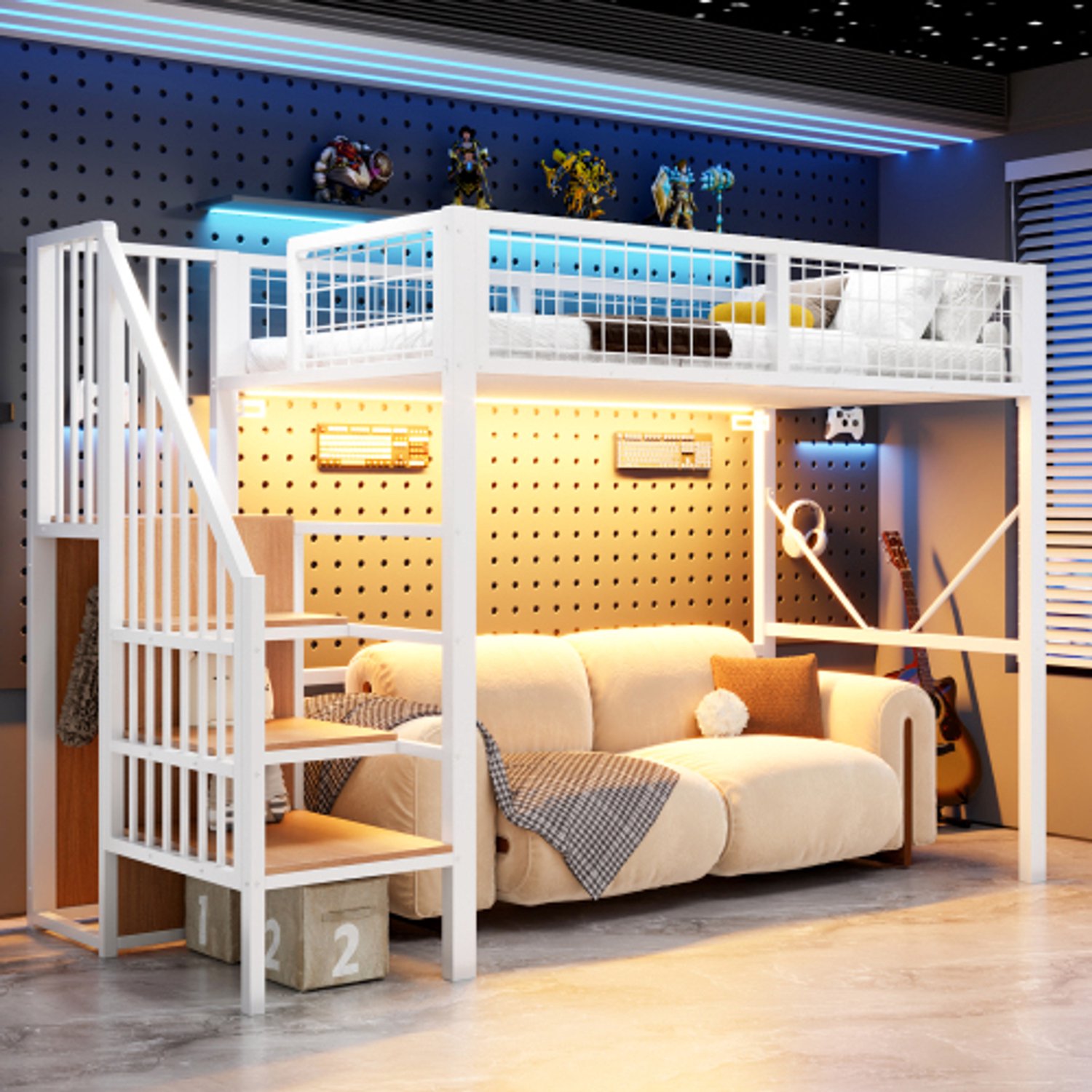 OOIILLEE Metalen hoogslaper 90 x 200 cm, bedframe inclusief ladder en opbergruimte, LED-verlichting, veiligheidshek van metaalgaas, wit.