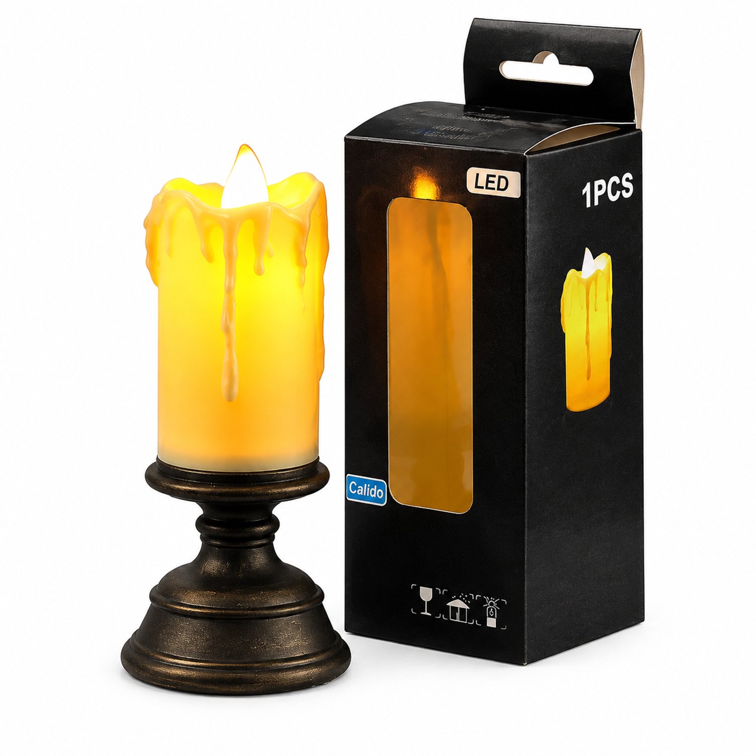 led kaarsen voor tafeldecoratie - 1 middelgrote kaars, warmwit continu licht, druipwaslook en retro kandelaarvoet, 5,5 x 12 cm, in kleurdoos