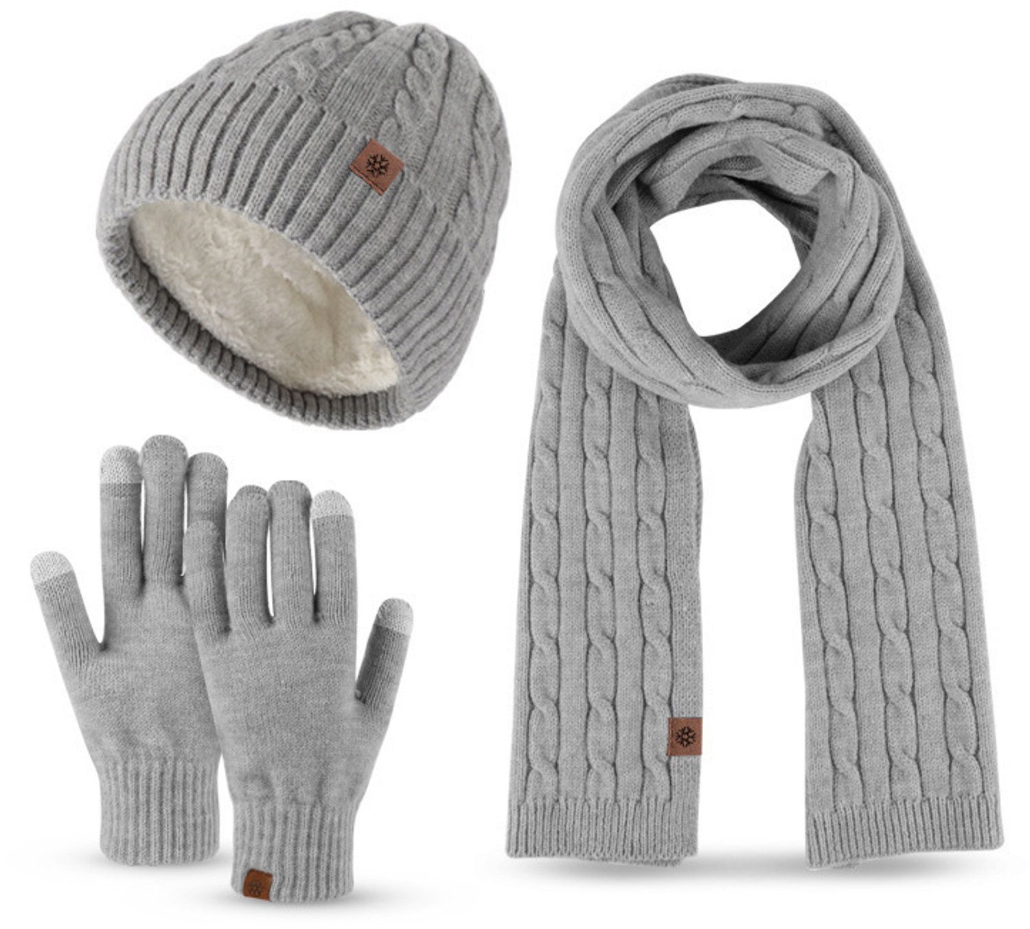 Winter Drie delig Winter set voor volwassenen - gevoerde muts, sjaal en handschoenen - winterset unisex voor dames en here（Lichtgrijs）