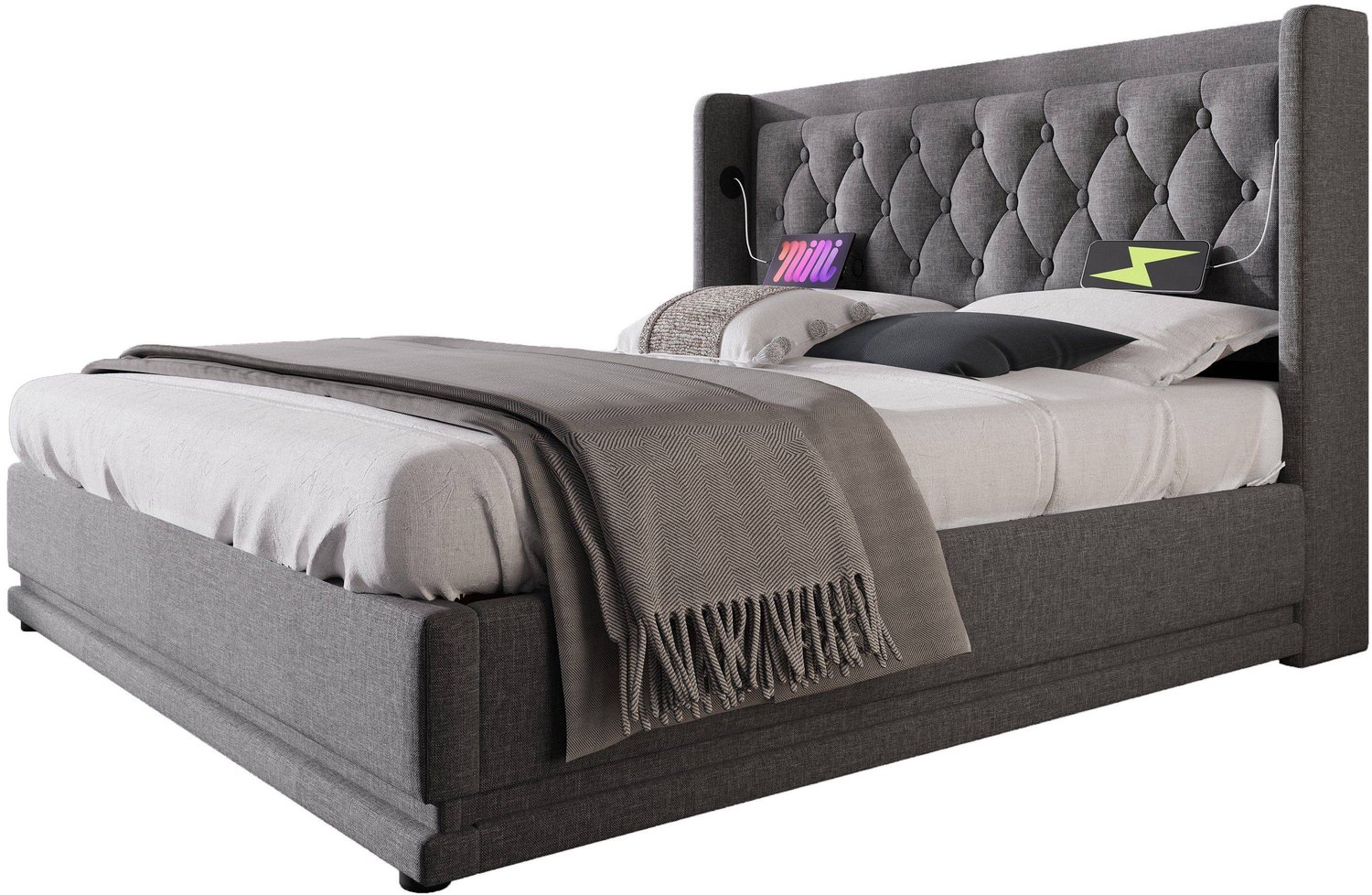 Welltin Gestoffeerd bed 140x200 - Bed met hydraulische opbergruimte - USB Type-C en LED-verlichting - Grijs