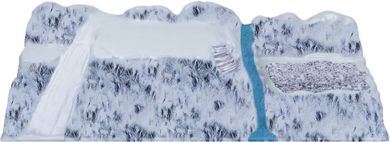 Basismodule voor kerstdorp met besneeuwd landschap, een blauwe beek en een kasseienpad, 78x25cm.